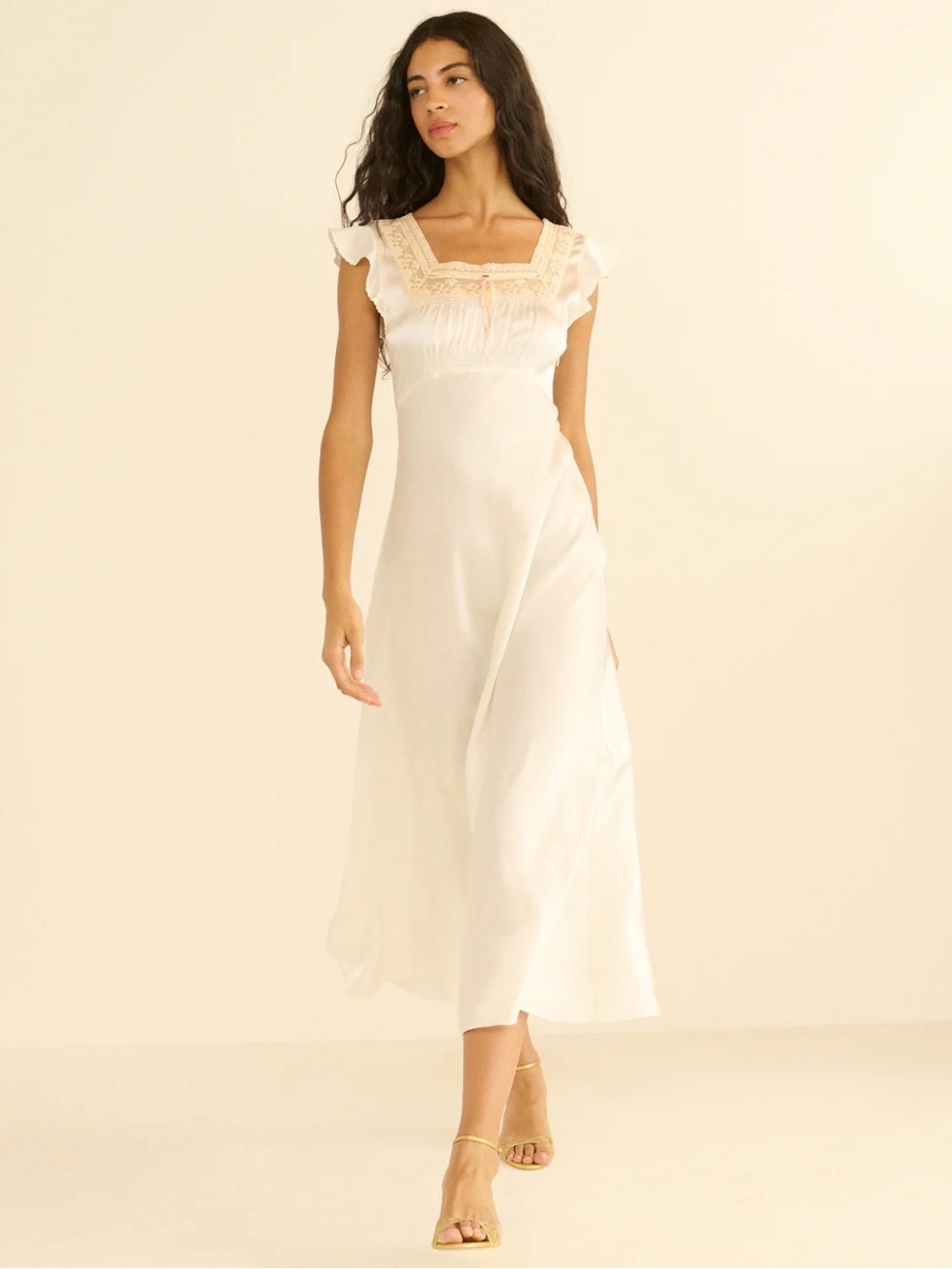 NWT Doen Corina Silk Lace Ruffle Bow Short Sleeve Midi Maxi Dress Salt White